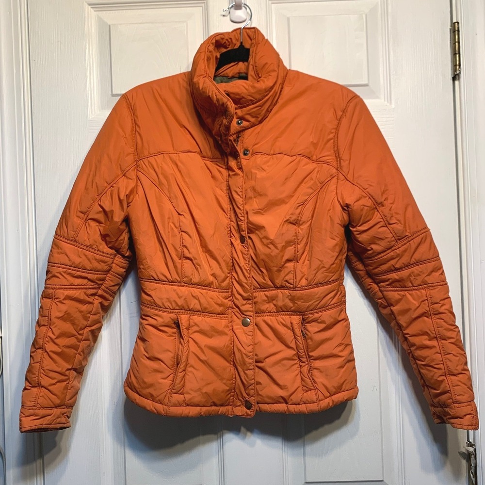 Lilu Puffer Jacket Small Orange Quilted Snap Front Stand Collar Ski Gorpcore